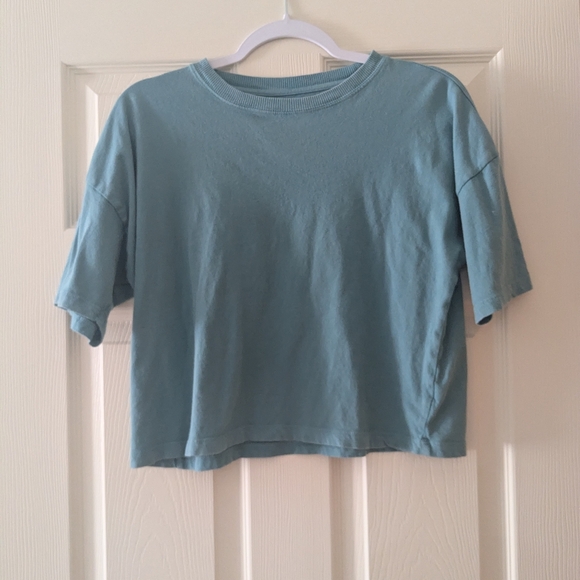 Cropped Cotton Teal Loose Fit Workout Top For Women | XS - Picture 2 of 4